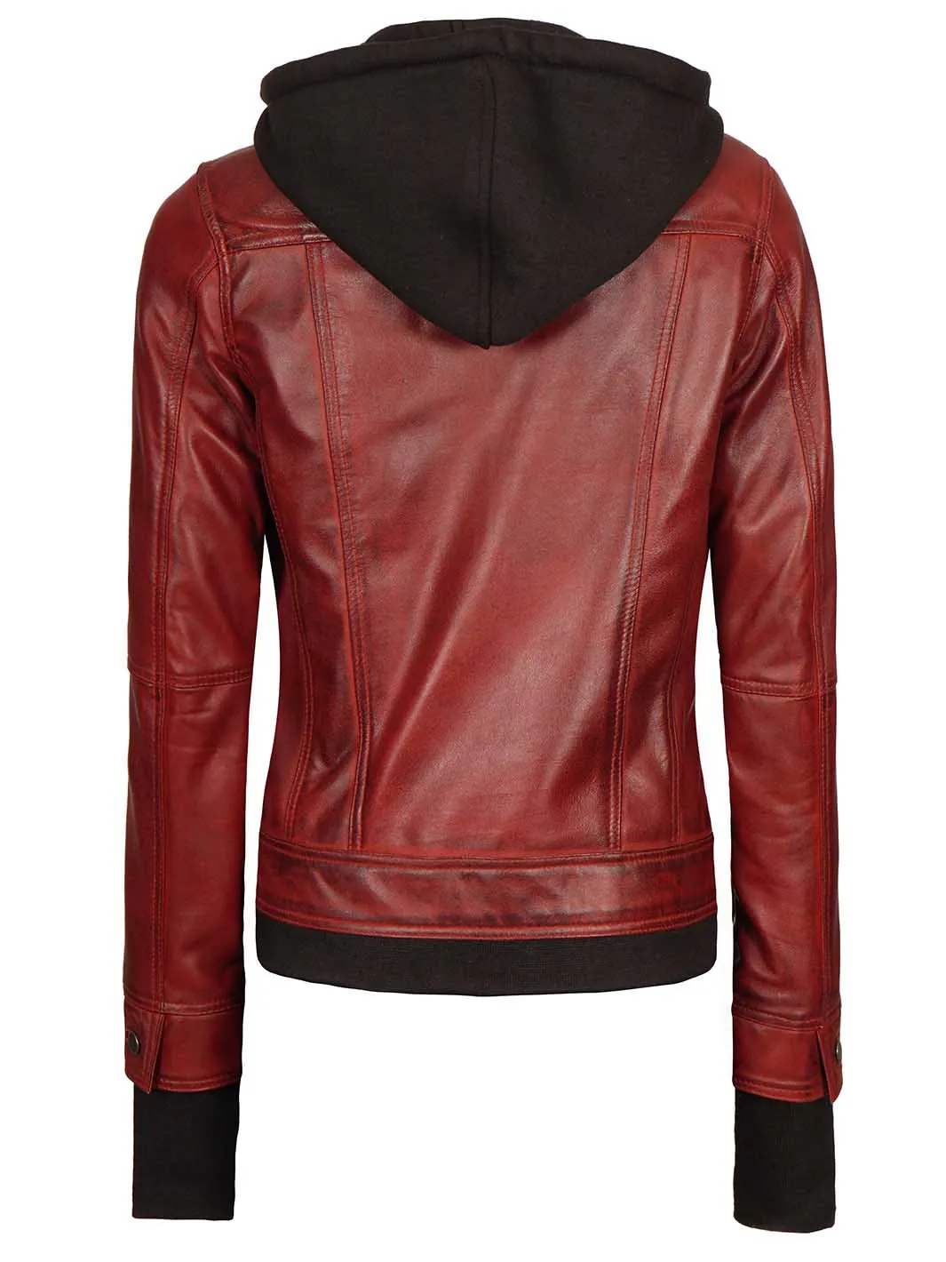 Maroon Womens Leather Bomber Jacket with Hood