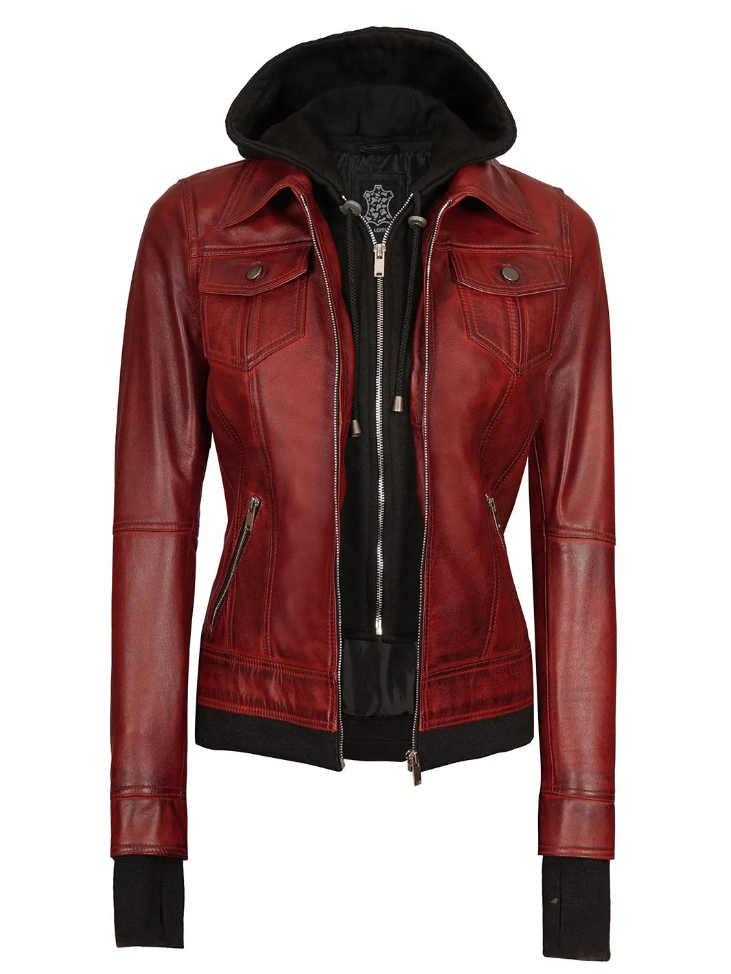 Maroon Womens Leather Bomber Jacket with Hood