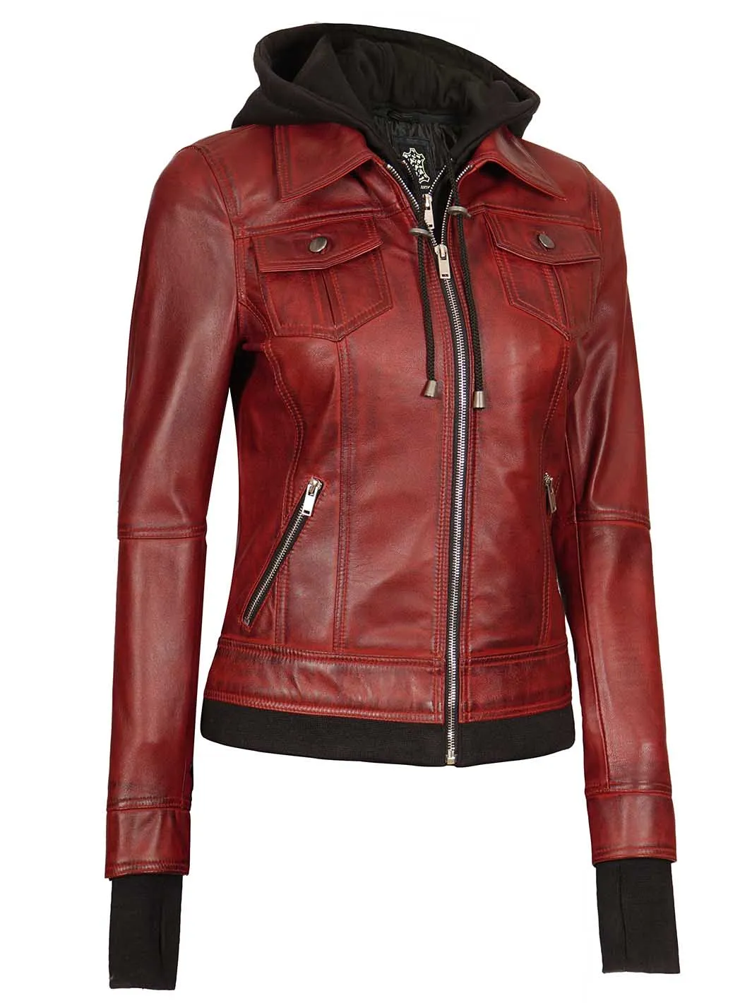 Maroon Womens Leather Bomber Jacket with Hood