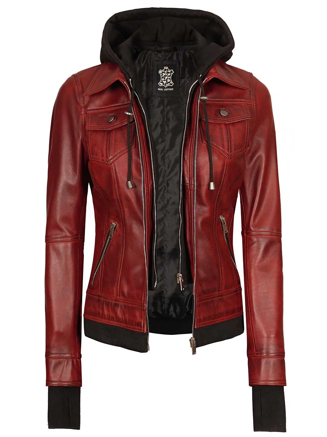 Maroon Womens Leather Bomber Jacket with Hood