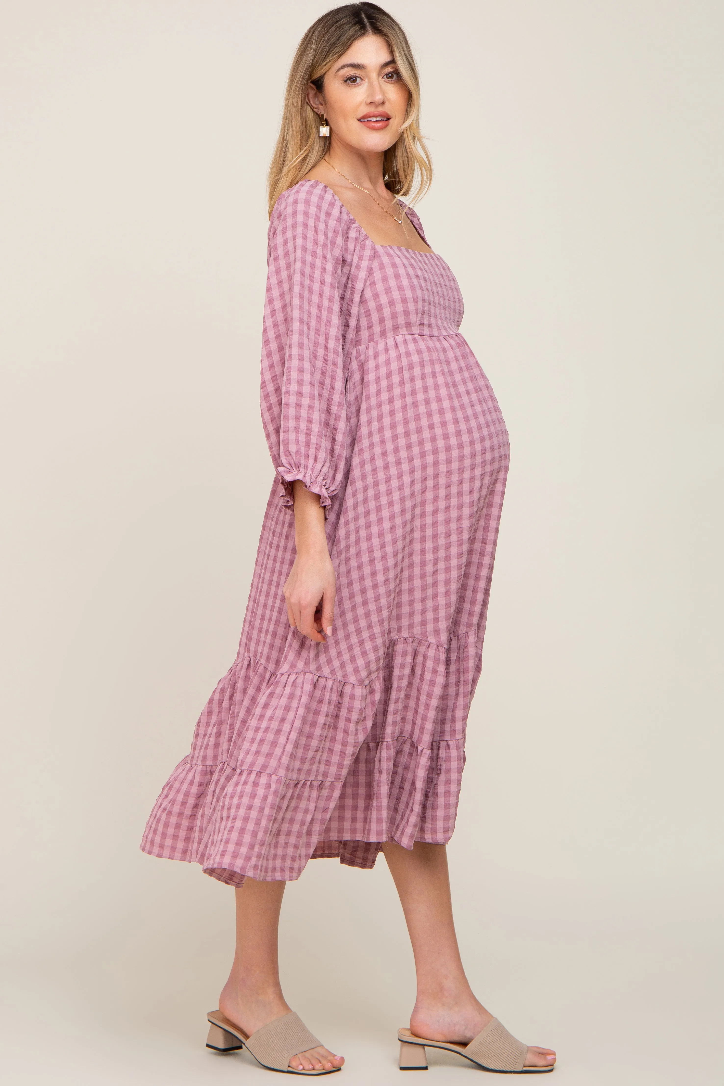 Mauve Striped 3/4 Cinched Sleeve Tiered Maternity Midi Dress