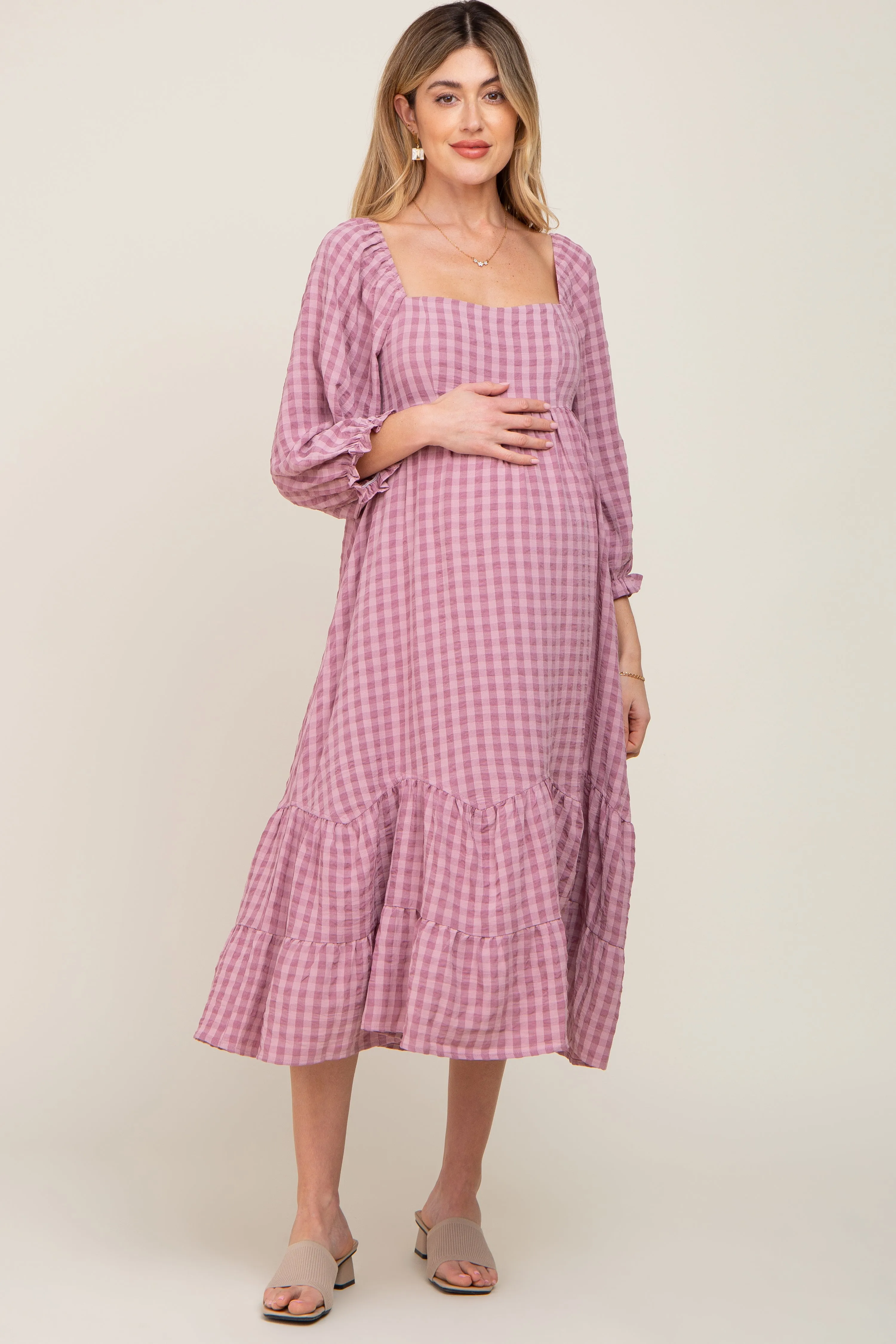 Mauve Striped 3/4 Cinched Sleeve Tiered Maternity Midi Dress