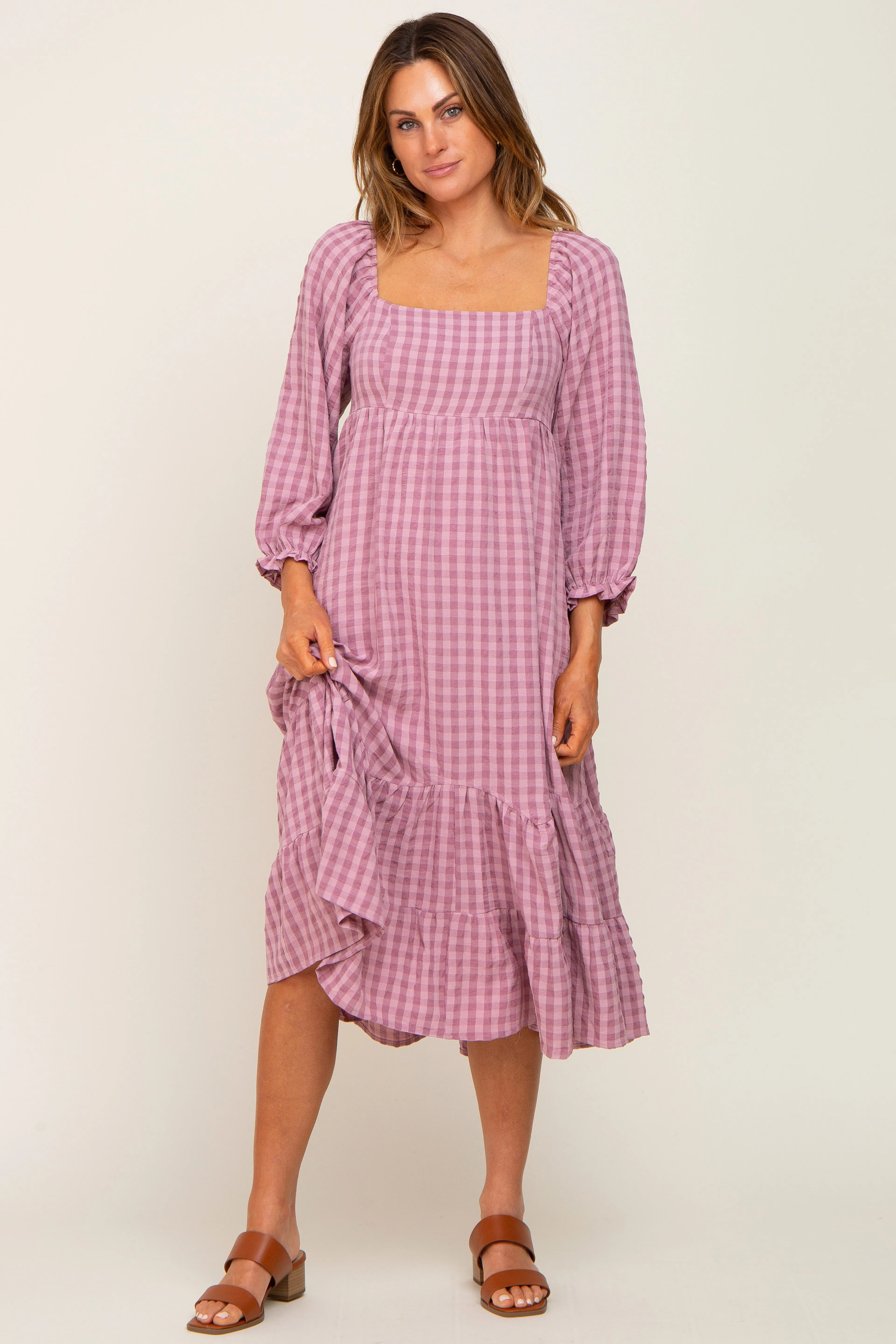 Mauve Striped 3/4 Cinched Sleeve Tiered Maternity Midi Dress