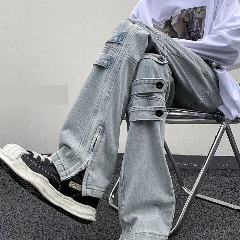 Men's Sense Of Knee Button Cylinder Broad Leg Opening Zipper Jeans Pants