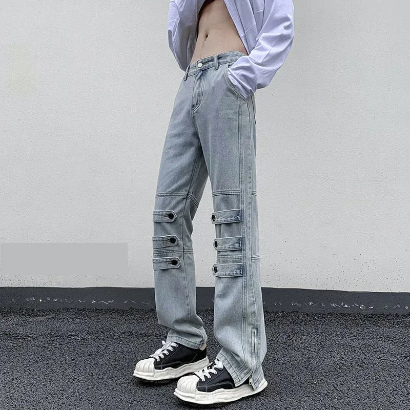 Men's Sense Of Knee Button Cylinder Broad Leg Opening Zipper Jeans Pants