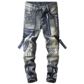 Men's Vintage Ripped Slim Straight Jeans with Letter Embroidery Patchwork