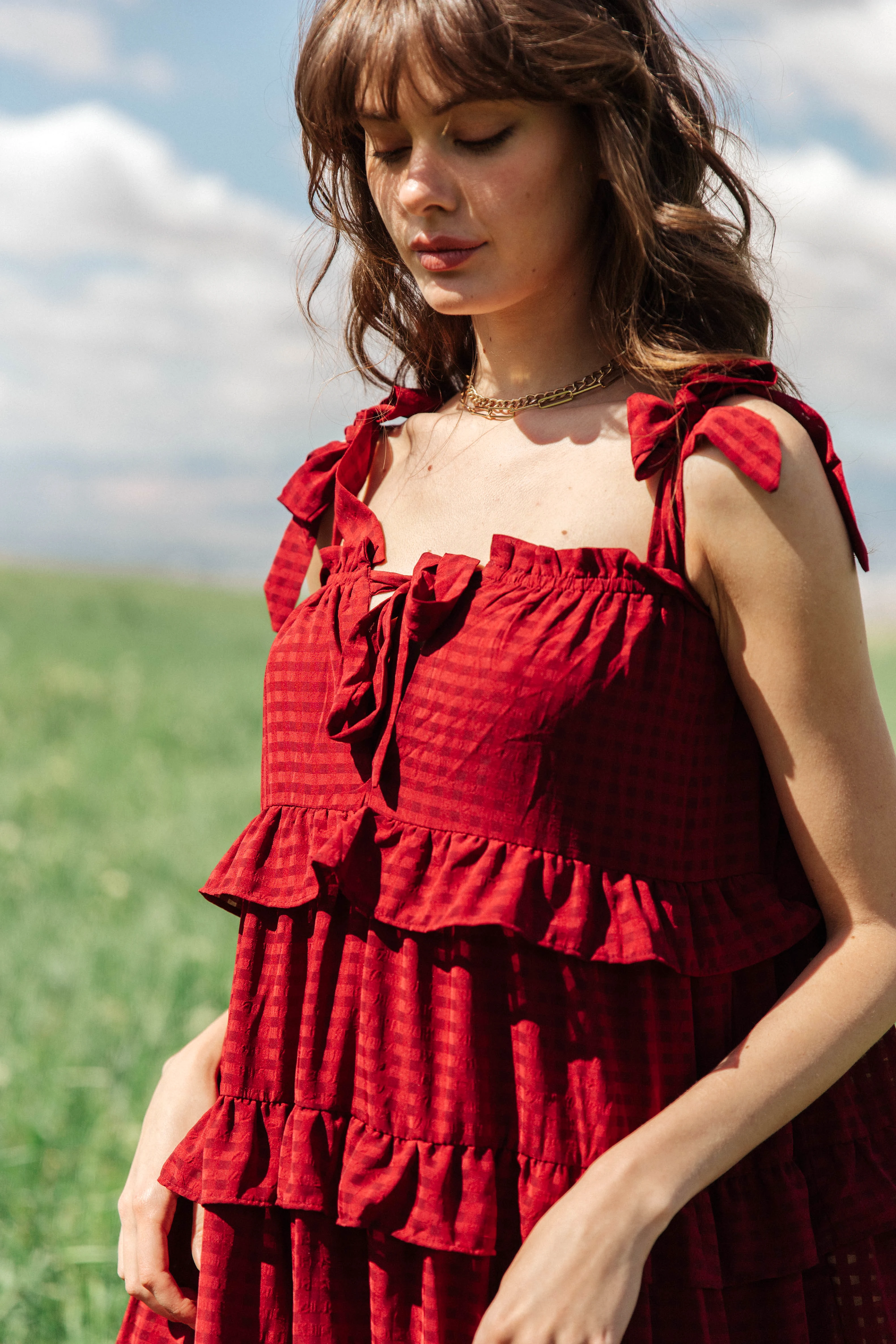 Merlot Gingham Tiered Midi Dress