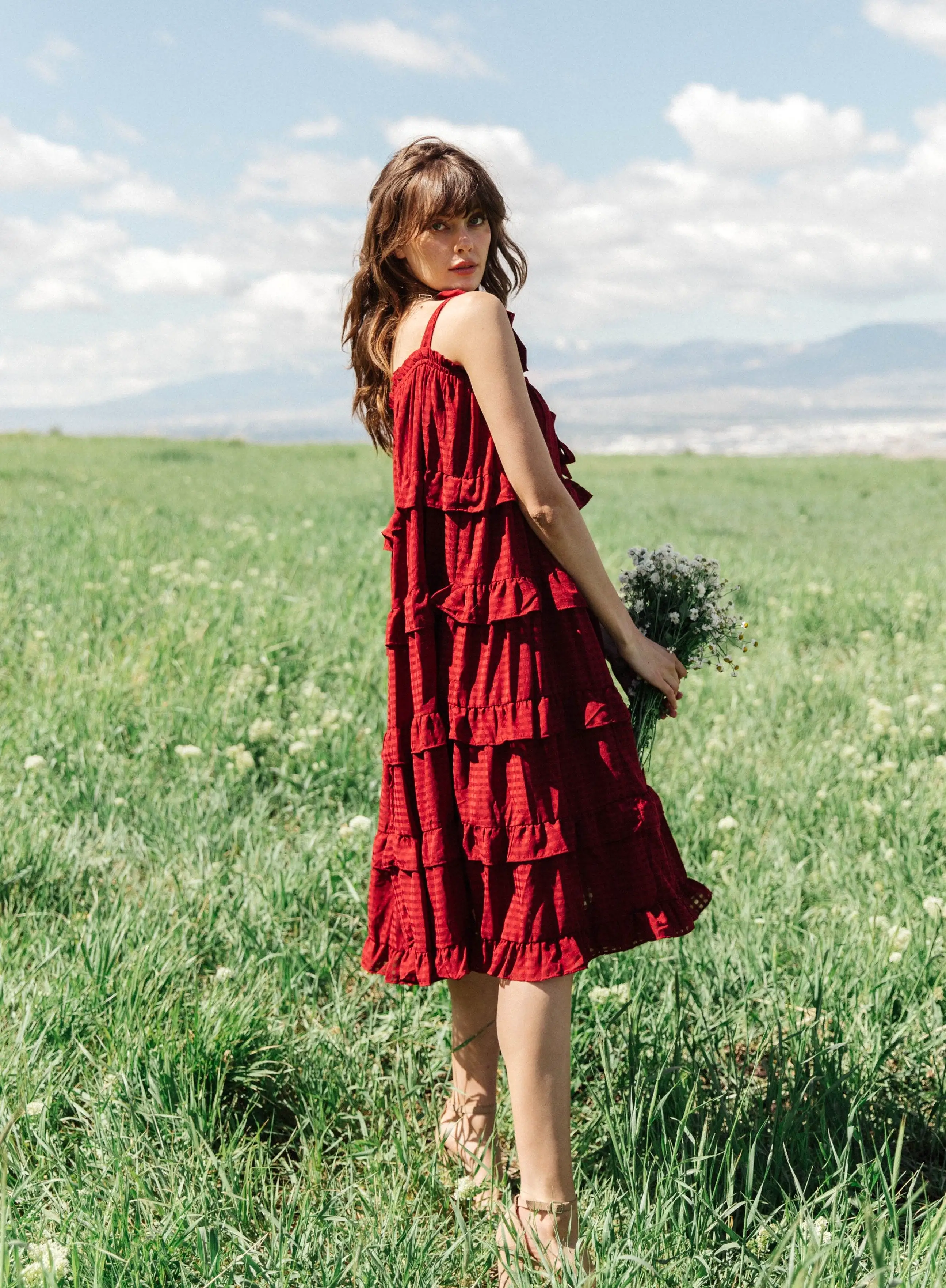 Merlot Gingham Tiered Midi Dress