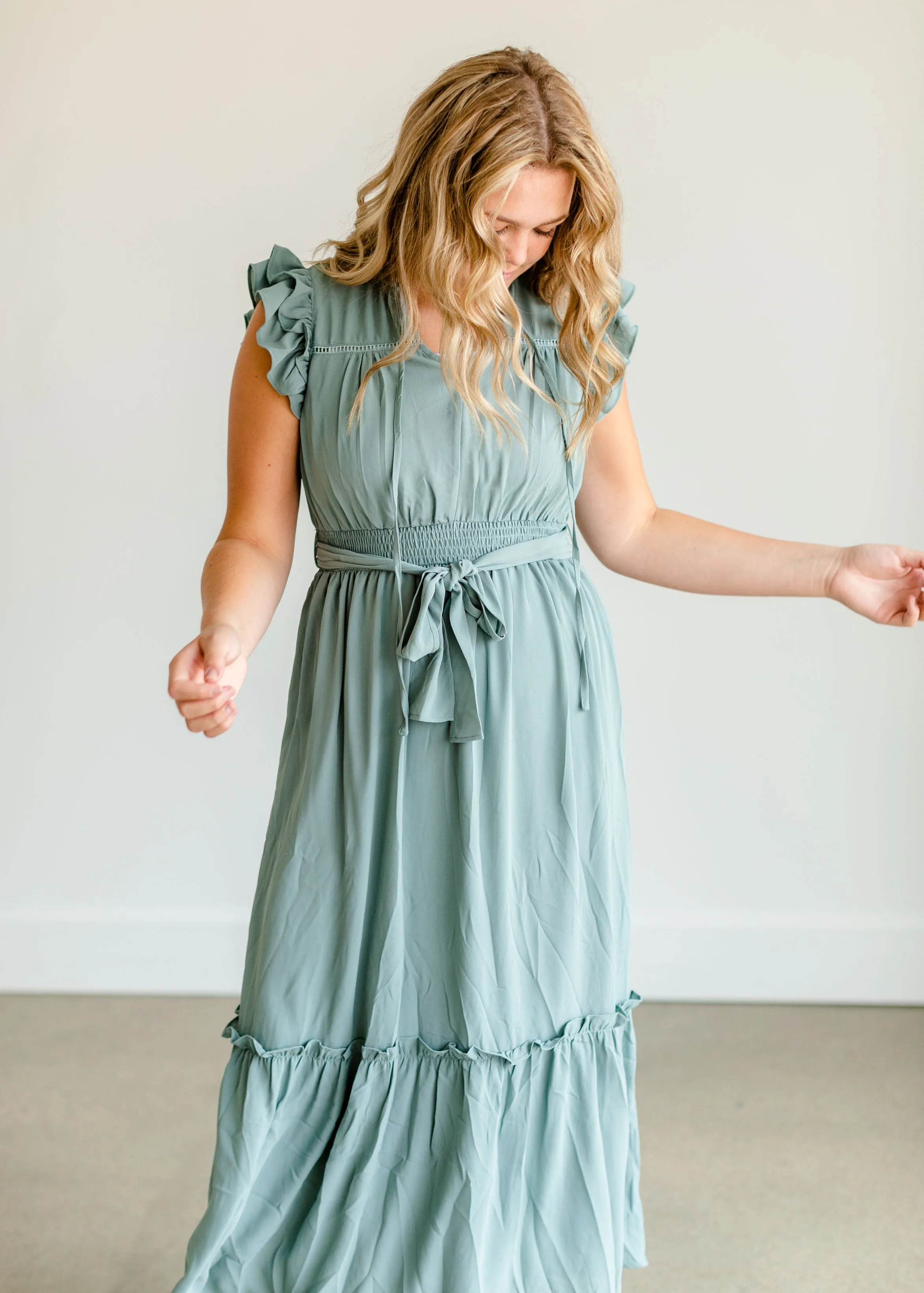 Mint Ruffle Sleeve Ruffle Maxi Dress - FINAL SALE