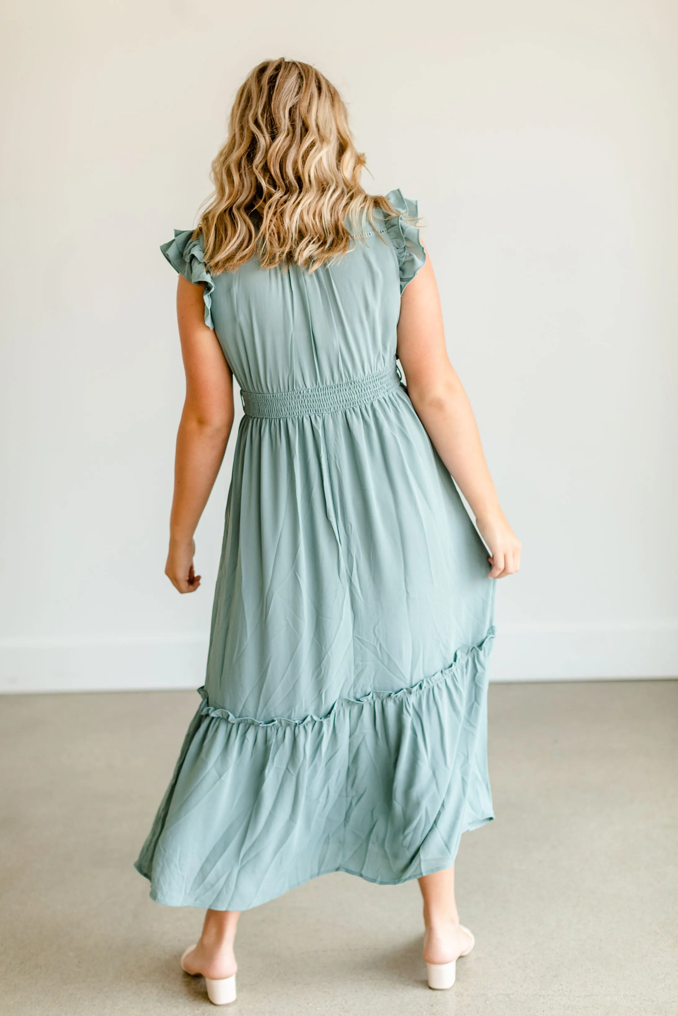 Mint Ruffle Sleeve Ruffle Maxi Dress - FINAL SALE