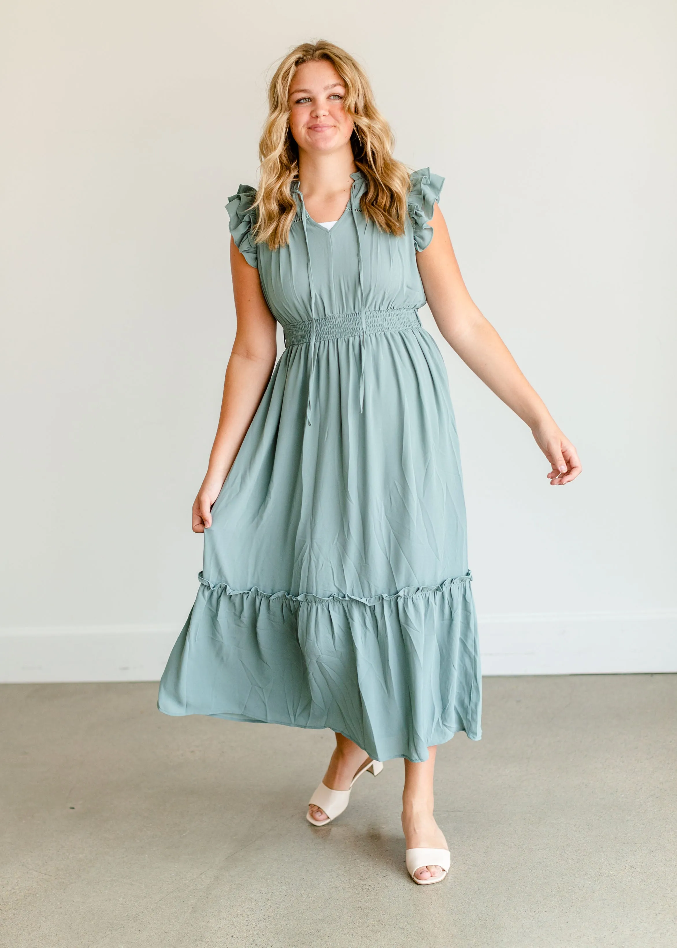 Mint Ruffle Sleeve Ruffle Maxi Dress - FINAL SALE