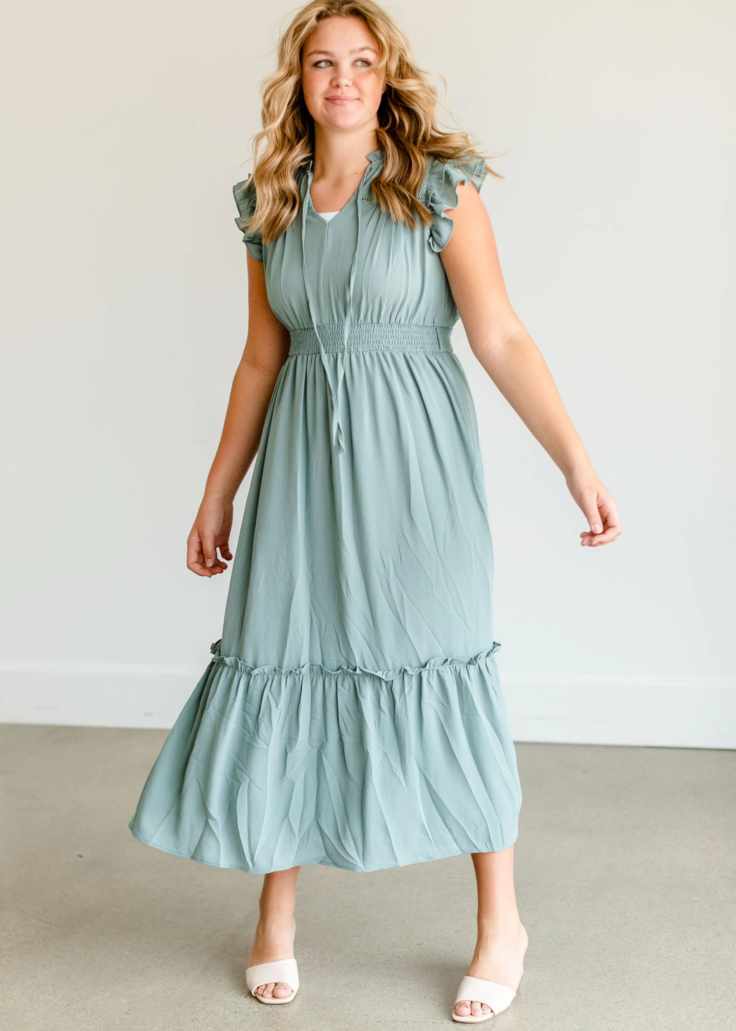 Mint Ruffle Sleeve Ruffle Maxi Dress - FINAL SALE