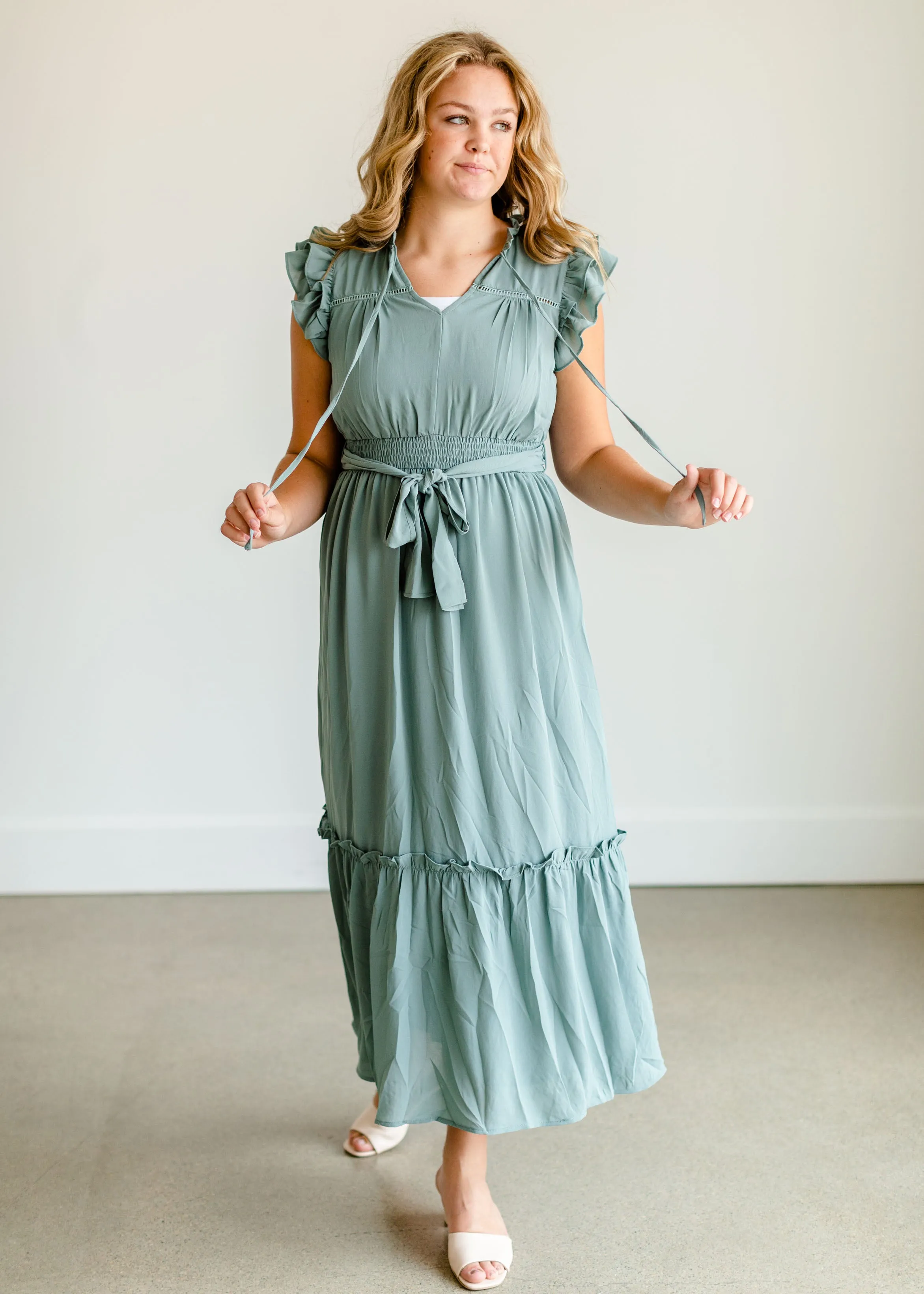 Mint Ruffle Sleeve Ruffle Maxi Dress - FINAL SALE