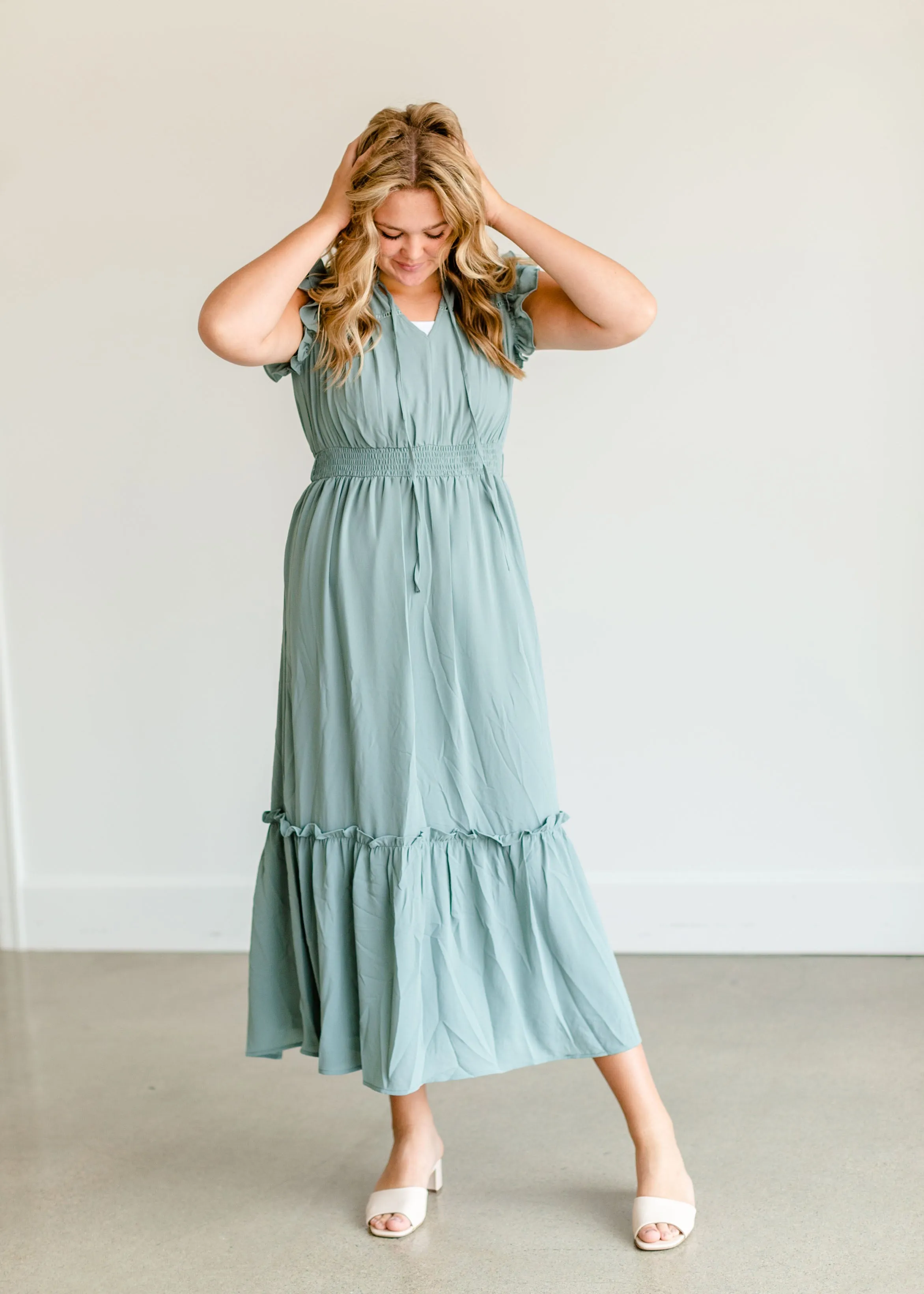 Mint Ruffle Sleeve Ruffle Maxi Dress - FINAL SALE