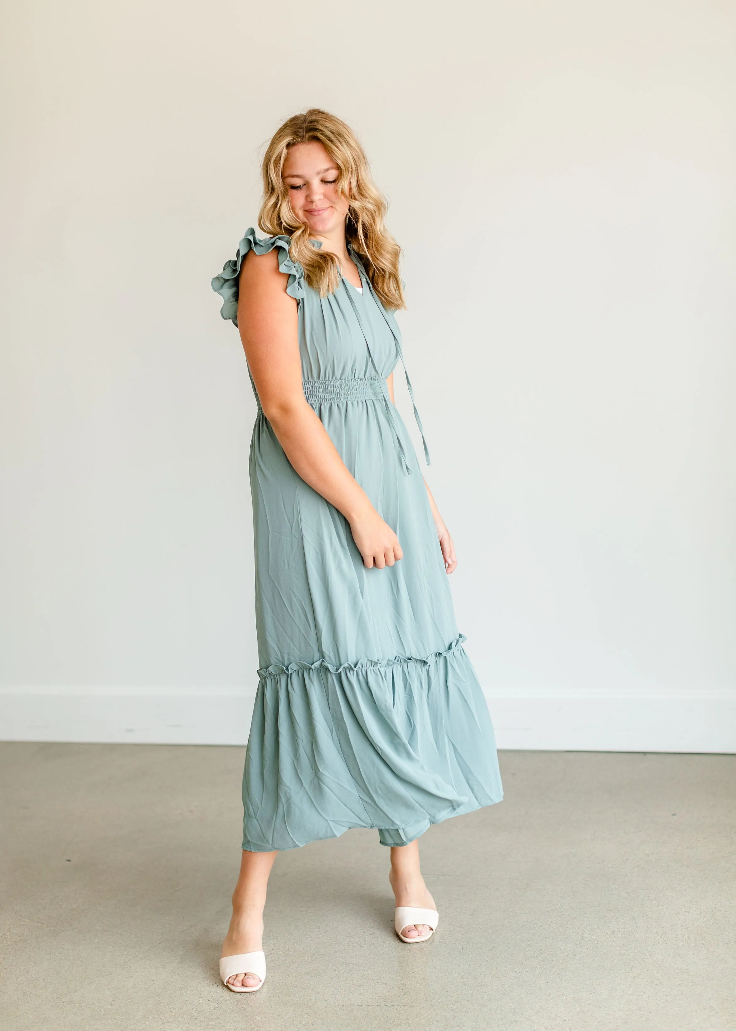 Mint Ruffle Sleeve Ruffle Maxi Dress - FINAL SALE