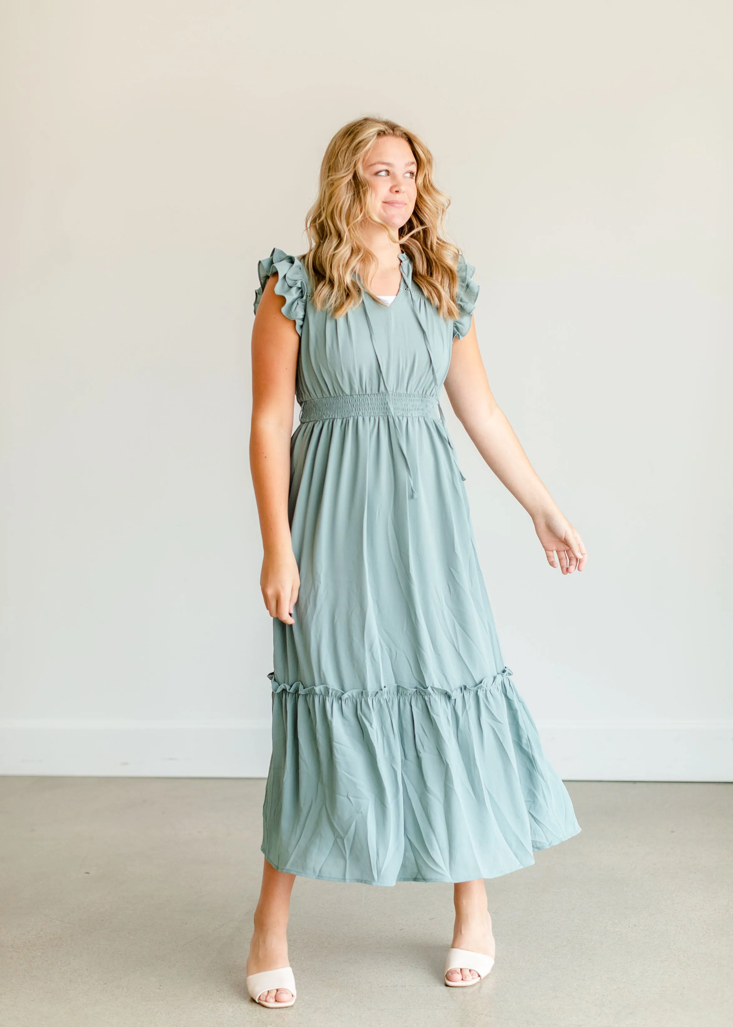 Mint Ruffle Sleeve Ruffle Maxi Dress - FINAL SALE