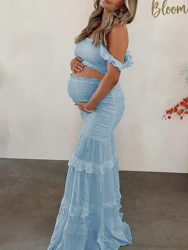 Momnfancy Blue 2-in-1 Shirred Ruffle Boy Baby Shower Party Maternity Maxi Tiered Dress