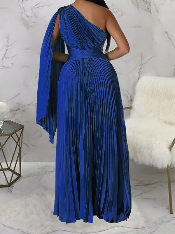 Momnfancy Elegant Blue Pleated Side Draped Irregular Oblique Shoulder Floor Mopping Big Swing Flowy Maternity Occasion Maxi Dres