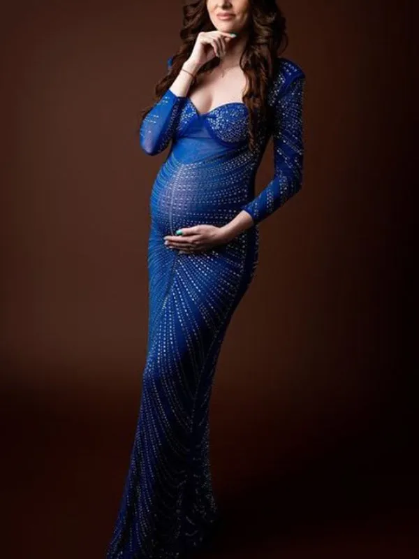 Momnfancy Elegant Blue Rhinestones Sparkly Striped Transparent Bodycon Floor Mopping Babyshower Maternity Photoshoot Maxi Dress