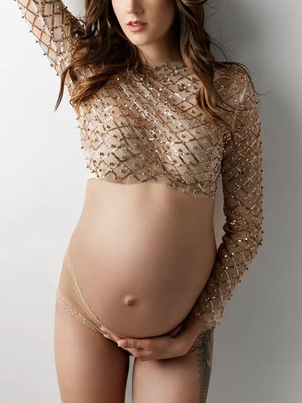 Momnfancy Elegant Golden Pearl Beading Sequin Sparkly Grenadine Transparent Crop Maternity Photoshoot Mini Top