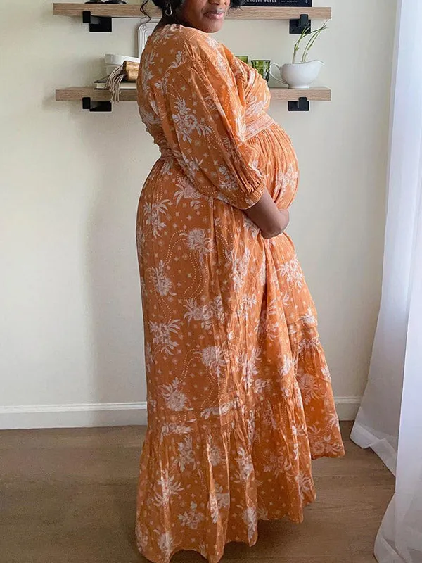 Momnfancy Elegant Orange Floral Ruffle Falbala Big Swing Flowy Vacation Maternity Babyshower Maxi Dress