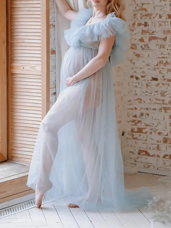 Momnfancy Light Blue Mesh Ruched Flowy V-neck Elegant Photoshoot Maternity Maxi Dress