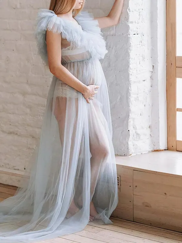 Momnfancy Light Blue Mesh Ruched Flowy V-neck Elegant Photoshoot Maternity Maxi Dress