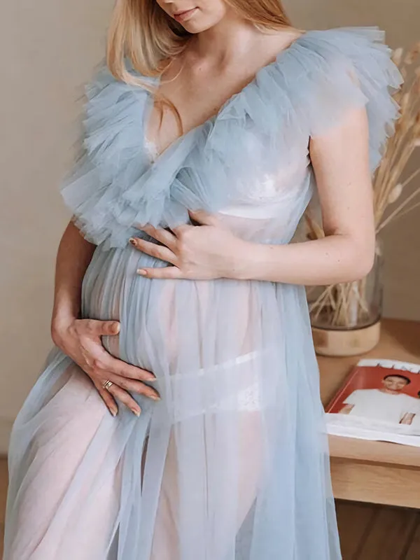 Momnfancy Light Blue Mesh Ruched Flowy V-neck Elegant Photoshoot Maternity Maxi Dress