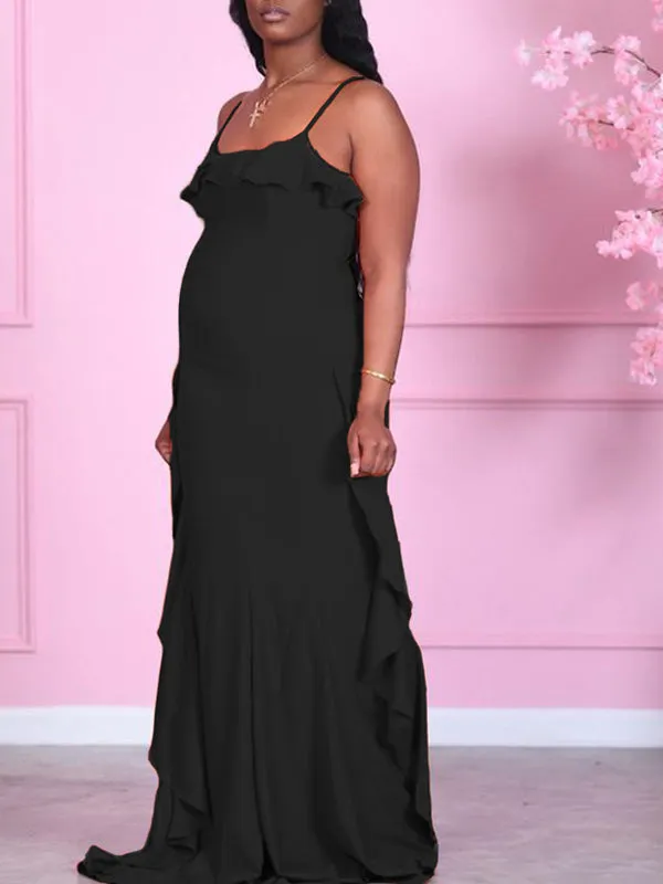 Momnfancy Off-shoulder Spaghetti Strap Peplum Maternity Maxi Dress