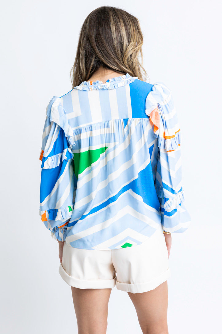 Multi Geometric Ruffle Sleeve Top