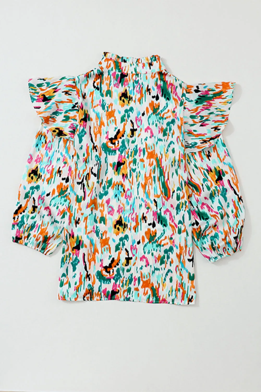 Multicolor Abstract Print 3/4 Puff Sleeve Ruffle Blouse