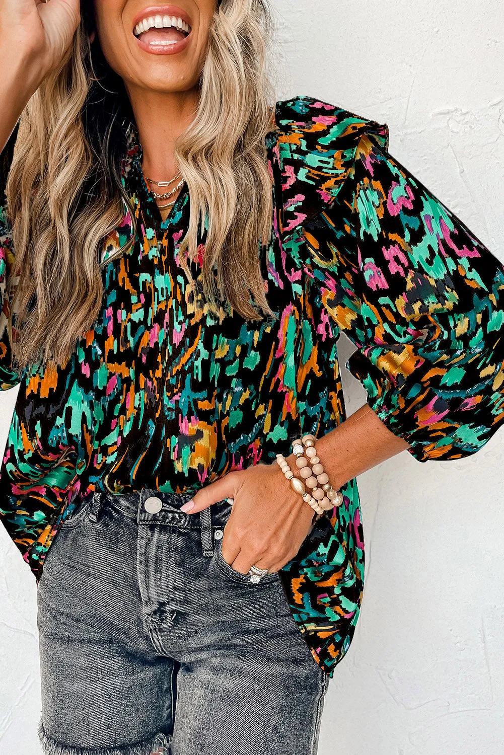 Multicolor Abstract Print 3/4 Puff Sleeve Ruffle Blouse