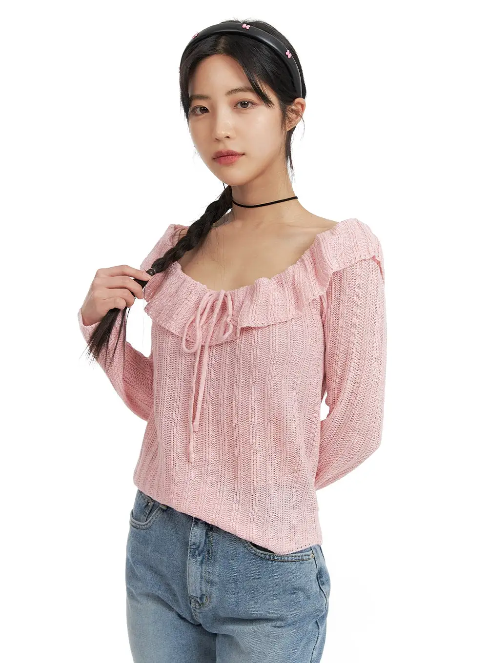 Off-Shoulder Ruffle Knit Top OF422