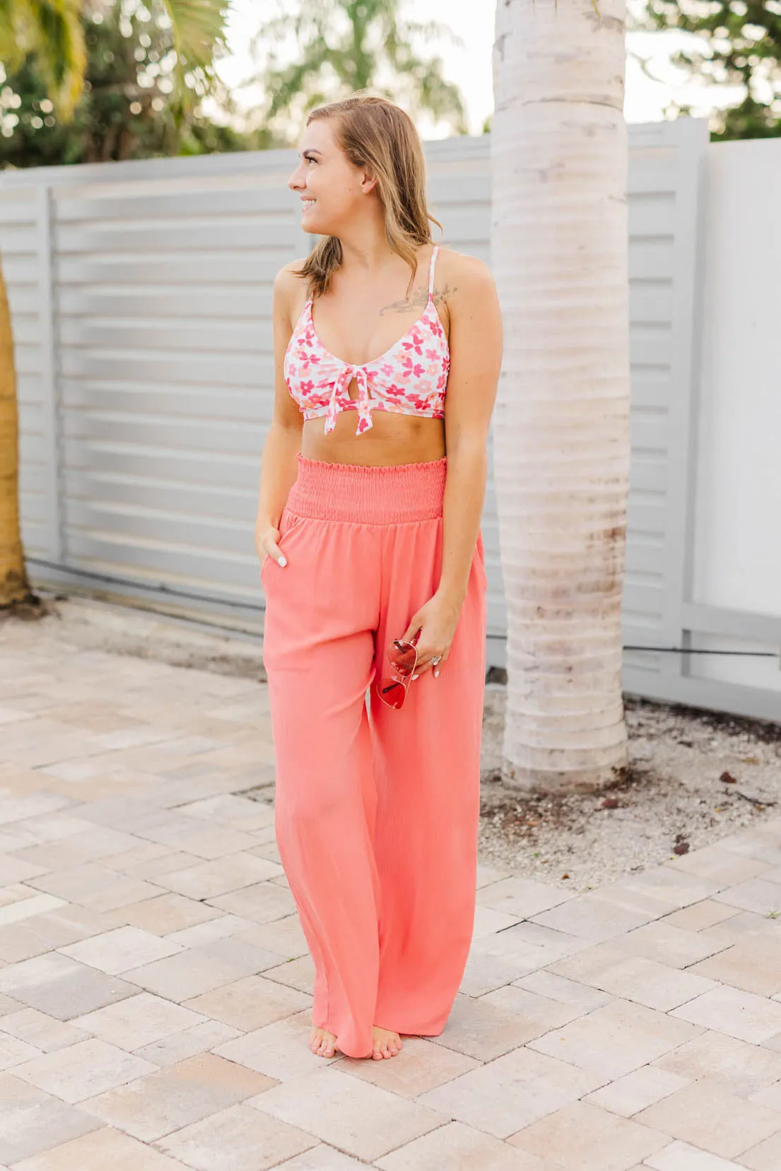 Off To The Ocean Triangle Bikini Top- Peach & Coral