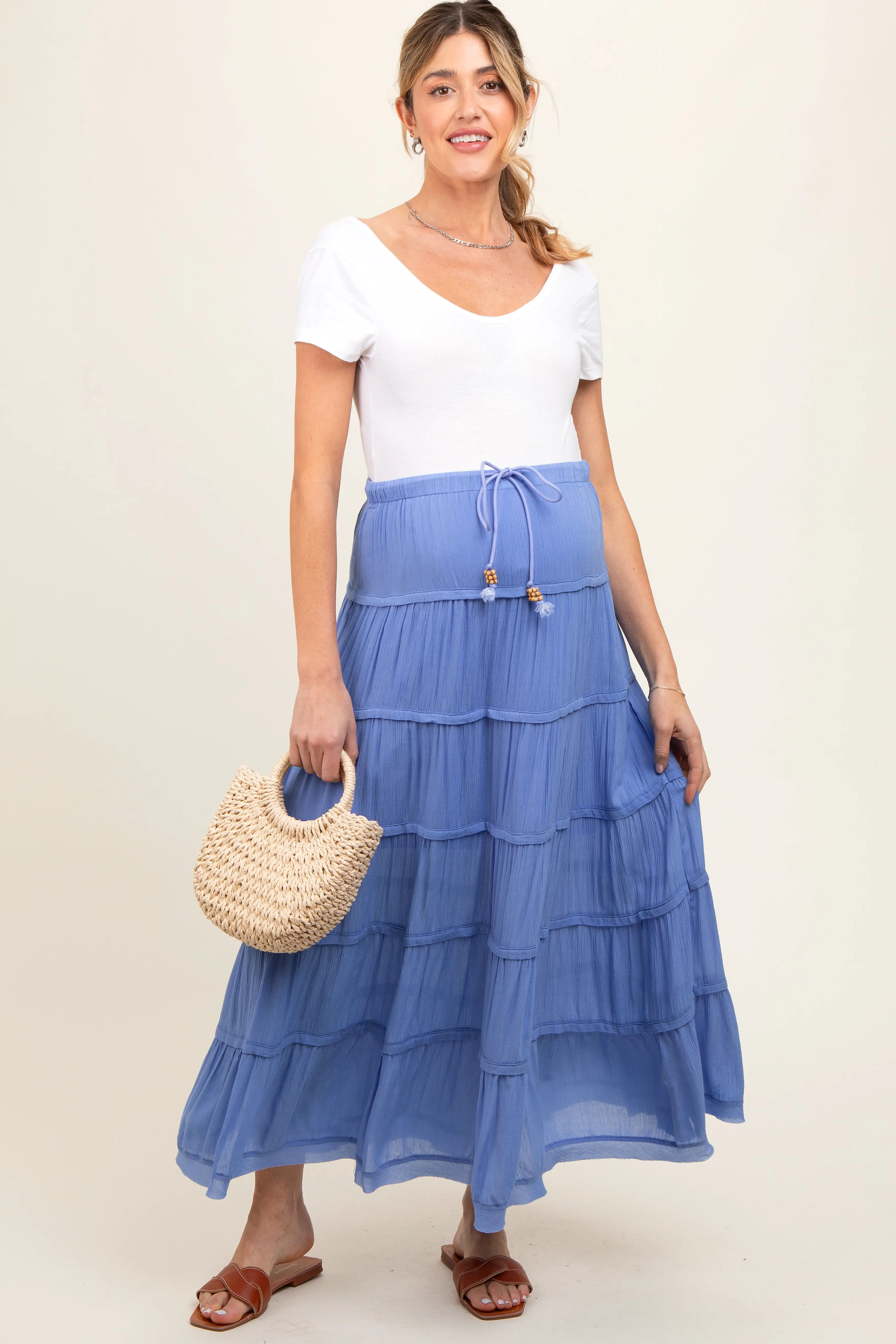 Periwinkle Drawstring Tiered Maternity Maxi Skirt