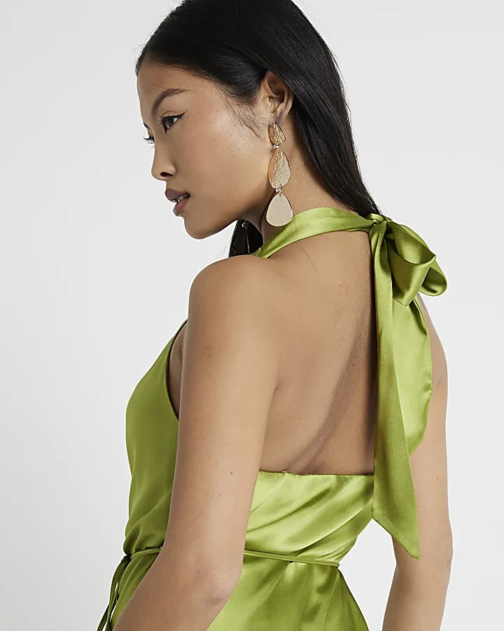 Petite Green Satin Open Back Slip Mini Dress