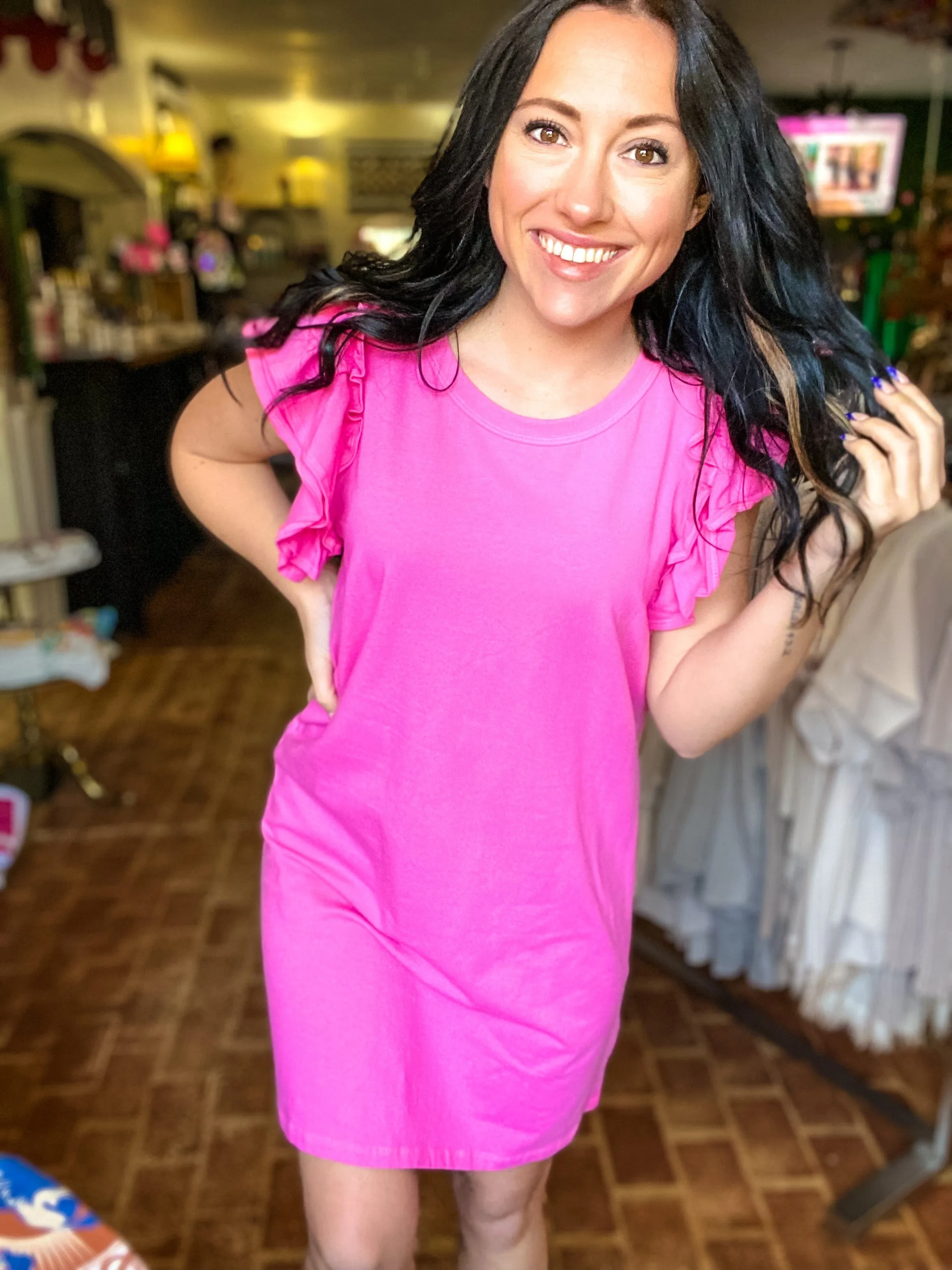 Pink Ruffle Sleeve Tee Dress