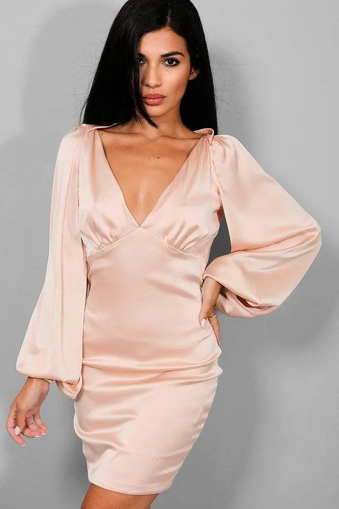 Pink V-Neck Volume Sleeves Mini Dress