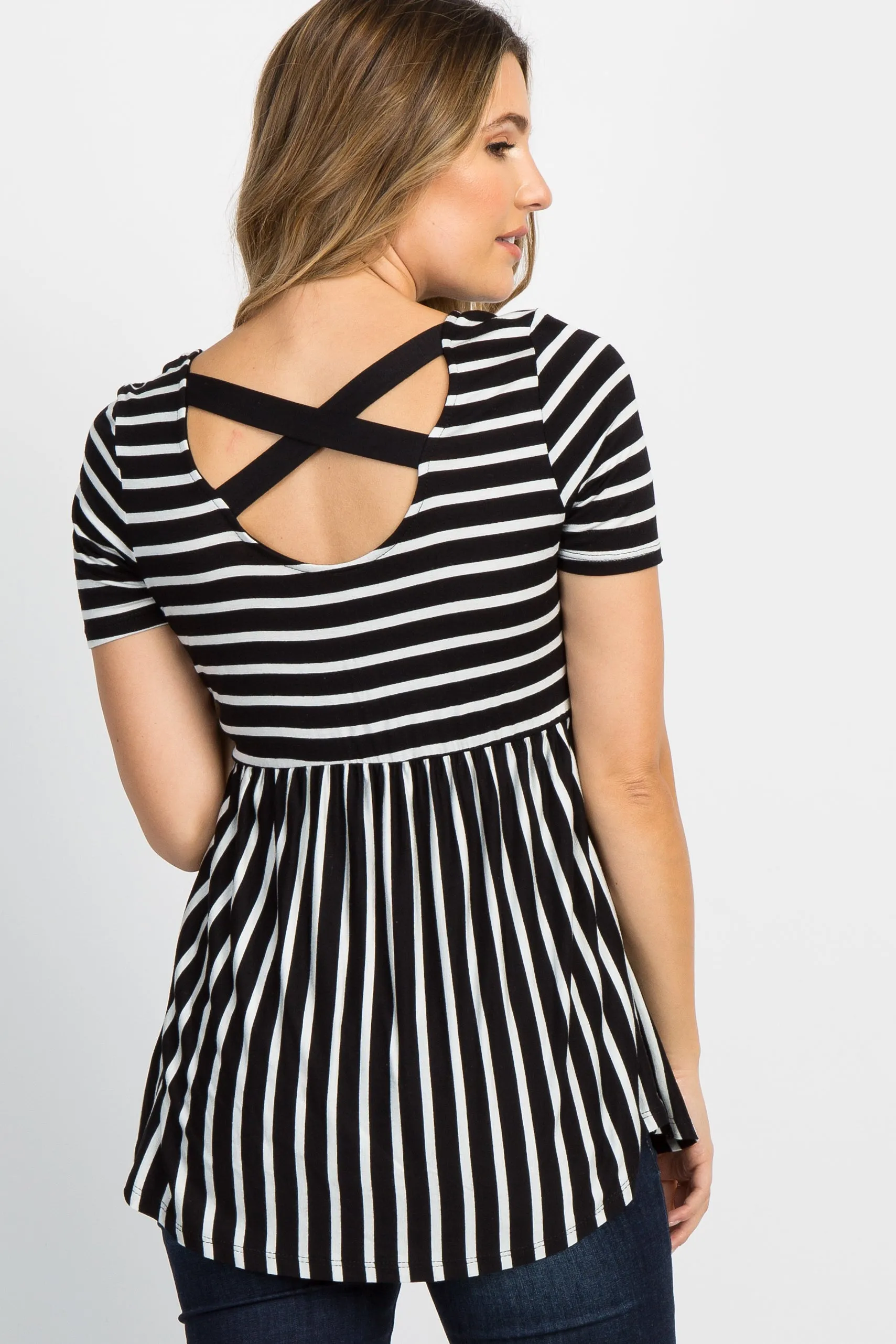 PinkBlush Ivory Striped Crisscross Back Maternity Top