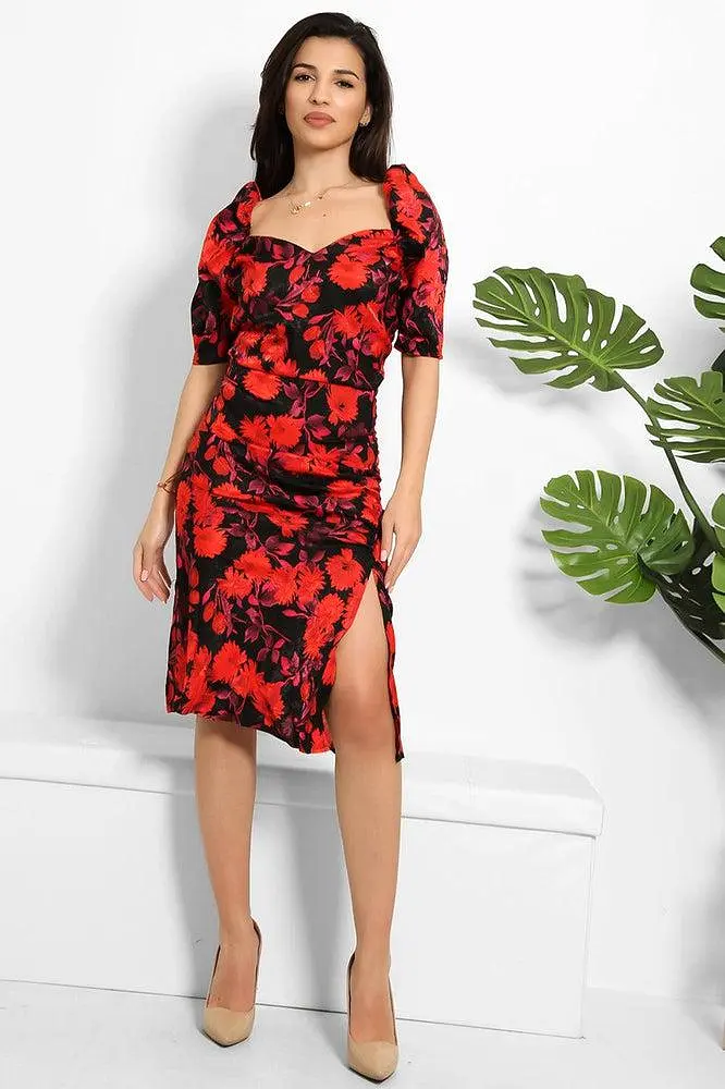 Red Black Floral Print Milkmaid Dress