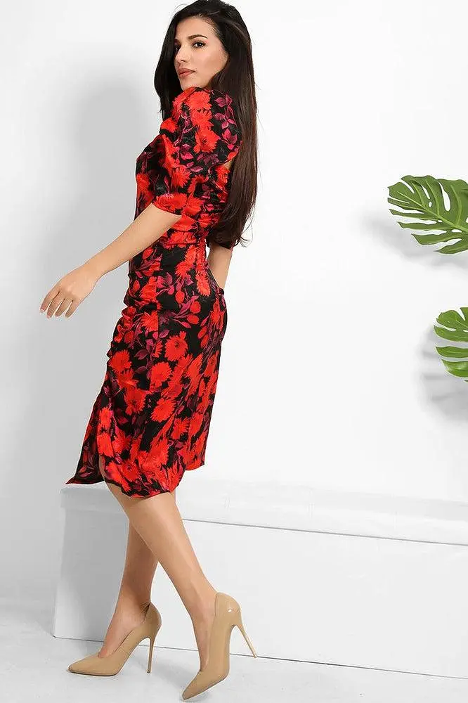 Red Black Floral Print Milkmaid Dress