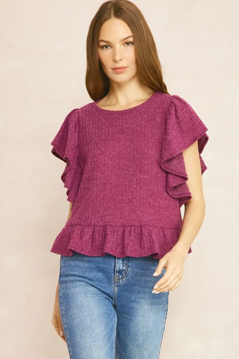 Ribbed Ruffle Sleeve Crop Top - Plum