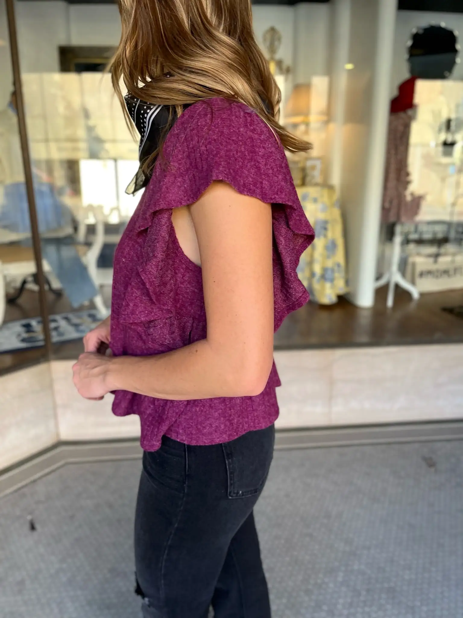 Ribbed Ruffle Sleeve Crop Top - Plum