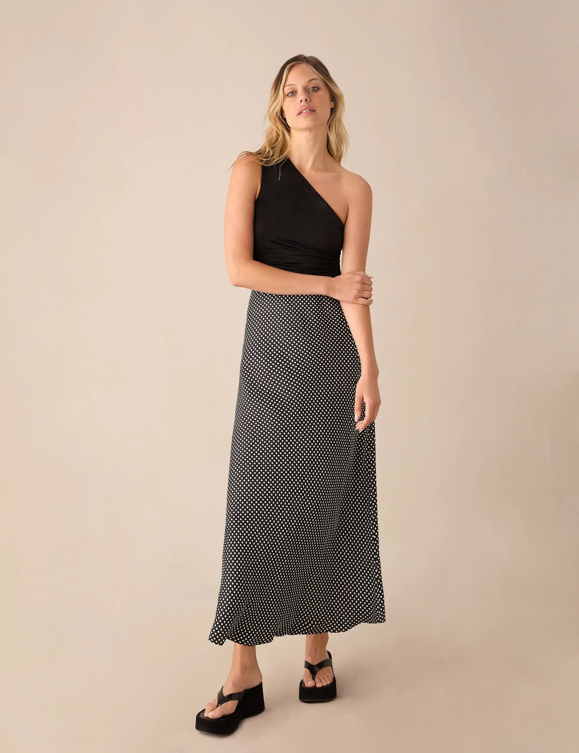 Ro&Zo Women's Satin Polka Dot Maxi Slip Skirt - 12REG - Black Mix, Black Mix