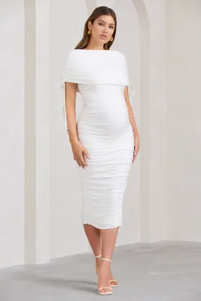 Roxanne | White Ruched Bardot Maternity Midi Dress