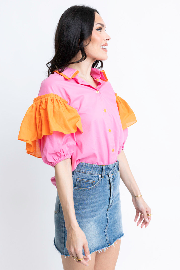 Ruffle Colorblock Sleeve Top