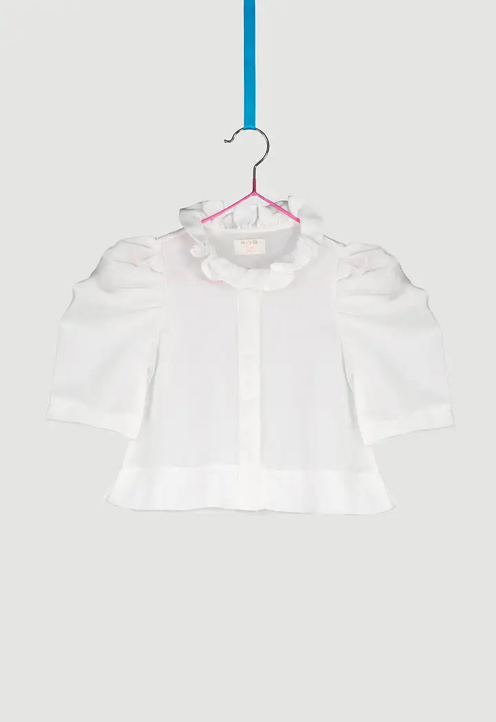 Ruffle Neckline Puff Sleeve Shirt