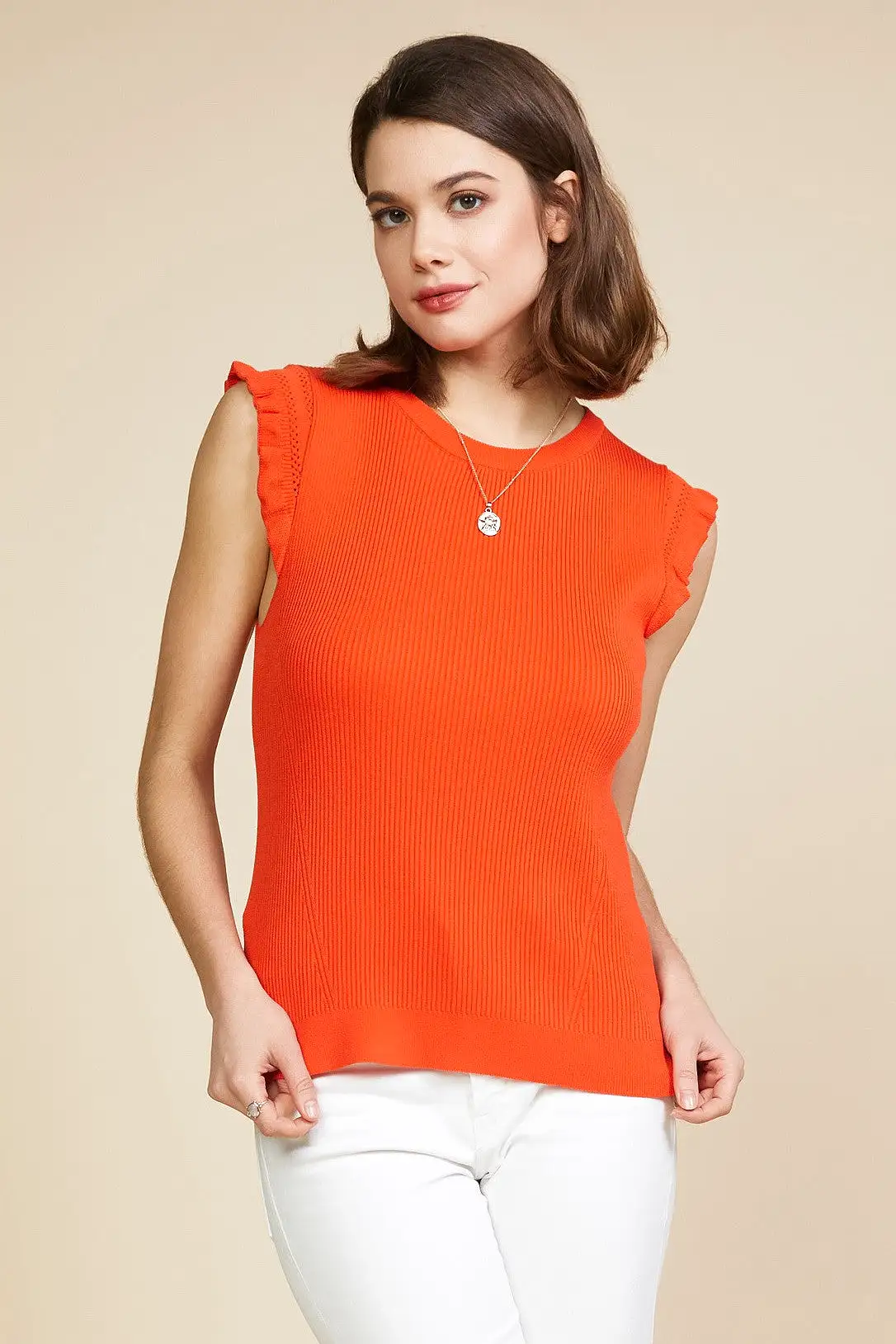 Ruffle Sleeve Detail Knit Top - Coral Red