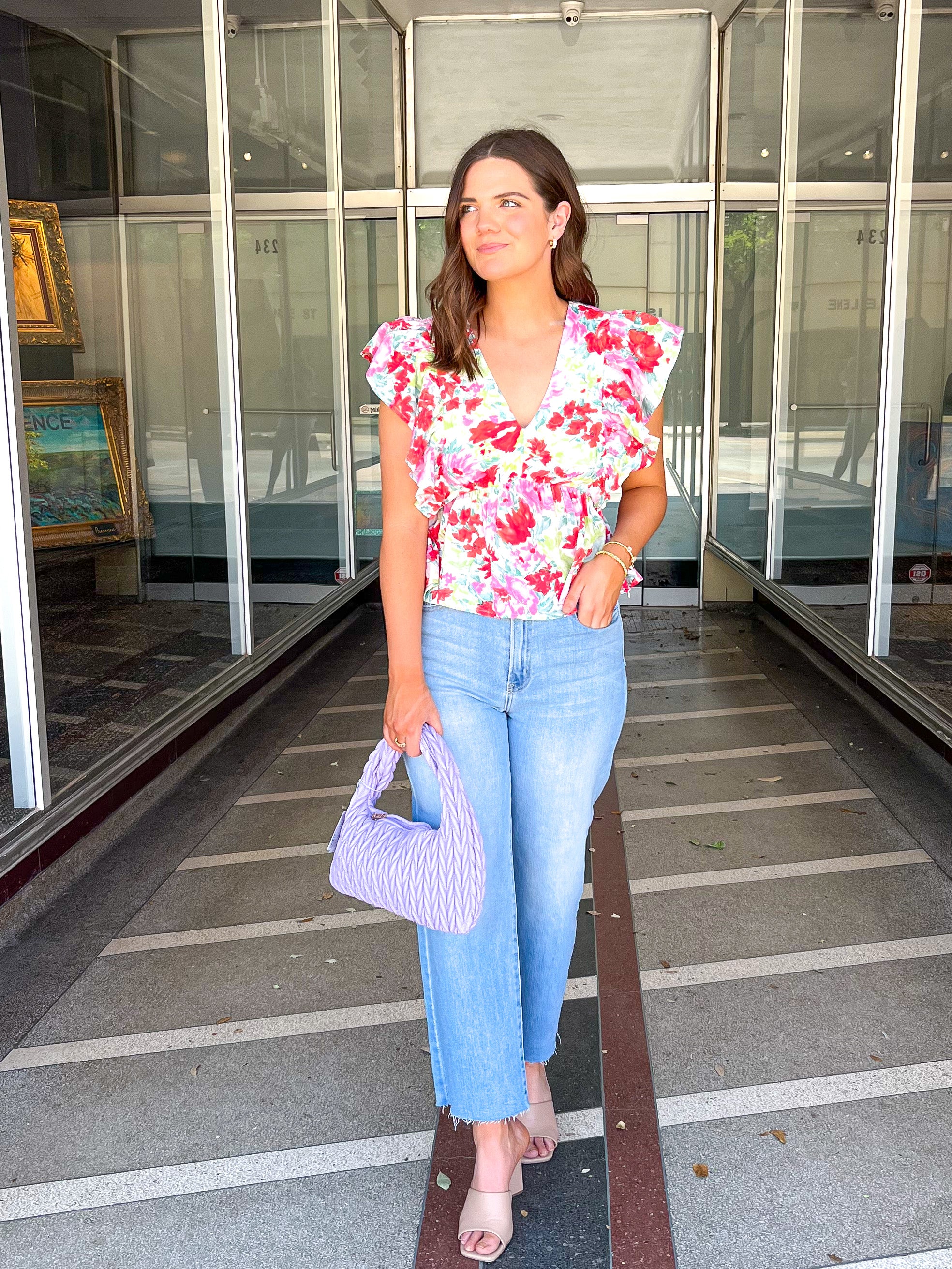 Ruffle Sleeve Floral Print Top - Pink Red