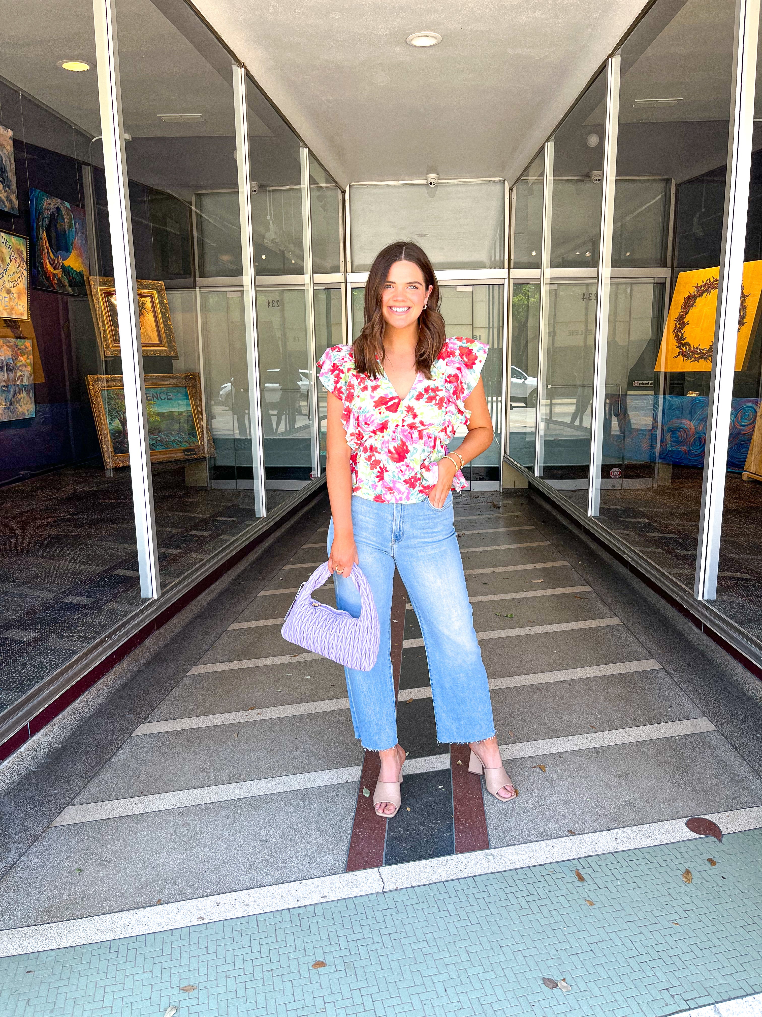 Ruffle Sleeve Floral Print Top - Pink Red